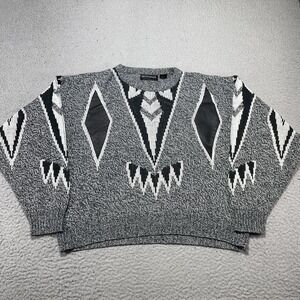 Vintage Montello Sweater Mens Medium Gray Aztec Geometric Knit Leather Crewneck